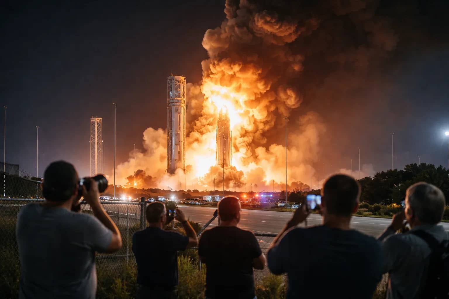 A plume of smoke and fire at a rocket launch pad during a test.