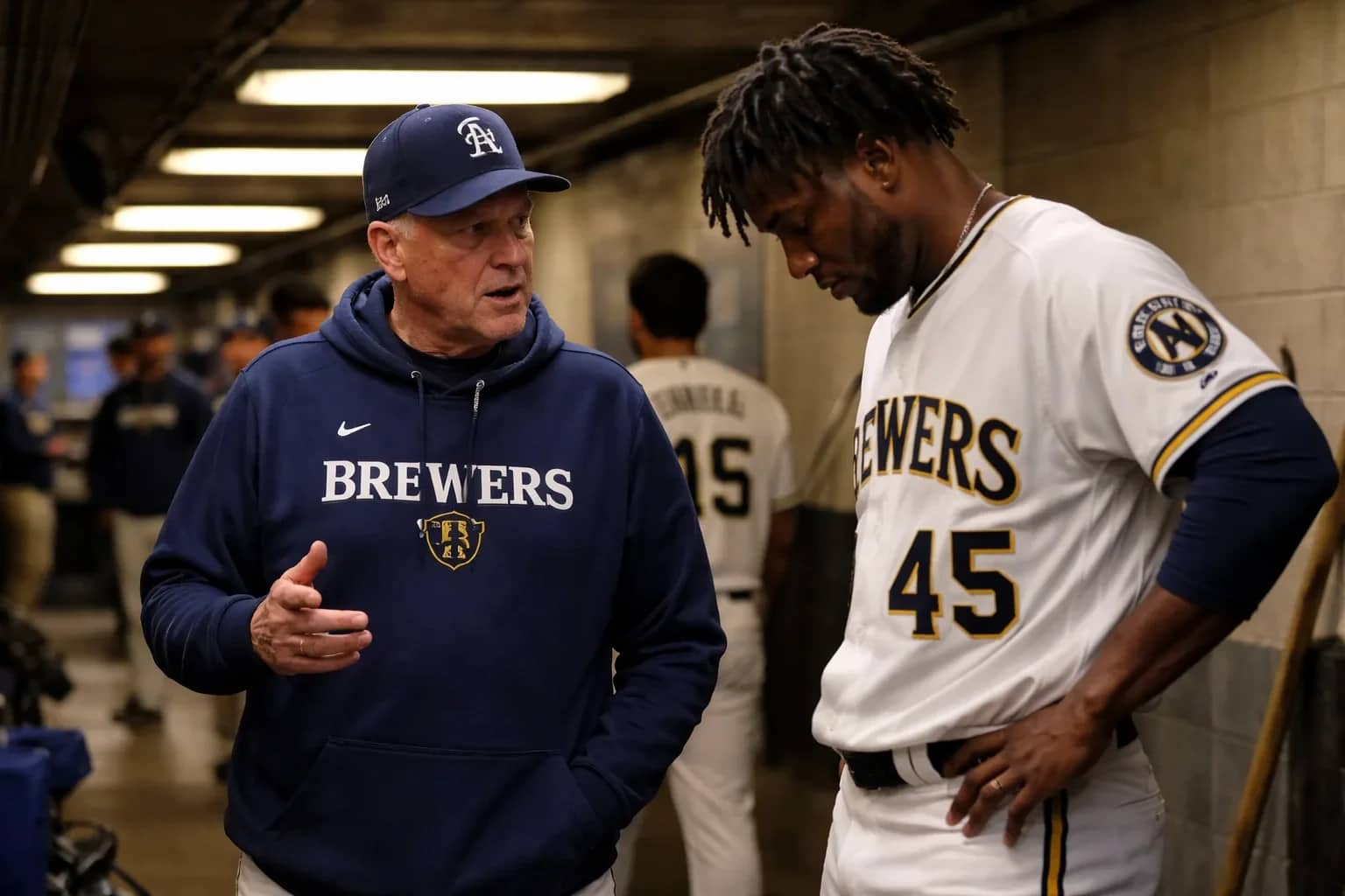 Milwaukee Brewers manager Pat Murphy looks on from the dugout during a baseball game.