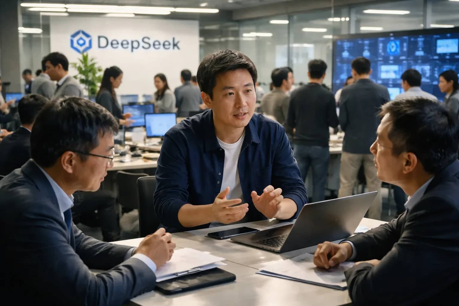 The DeepSeek logo and branding displayed on a screen in China.