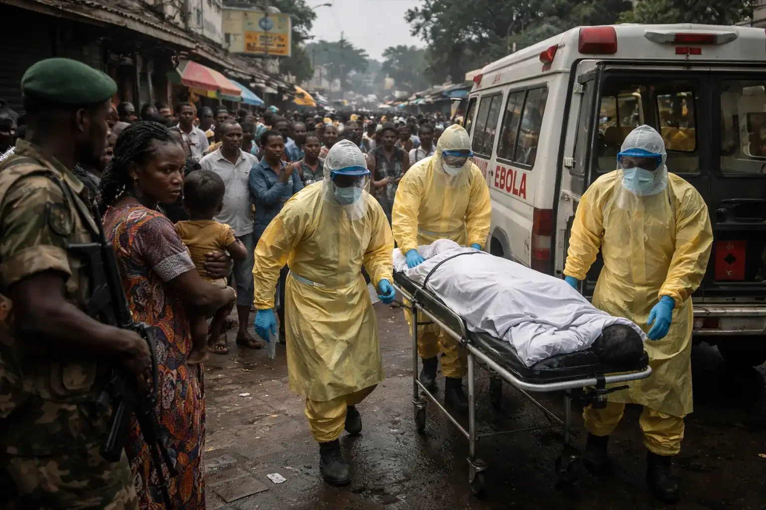 Healthcare workers in protective equipment during an Ebola response effort.