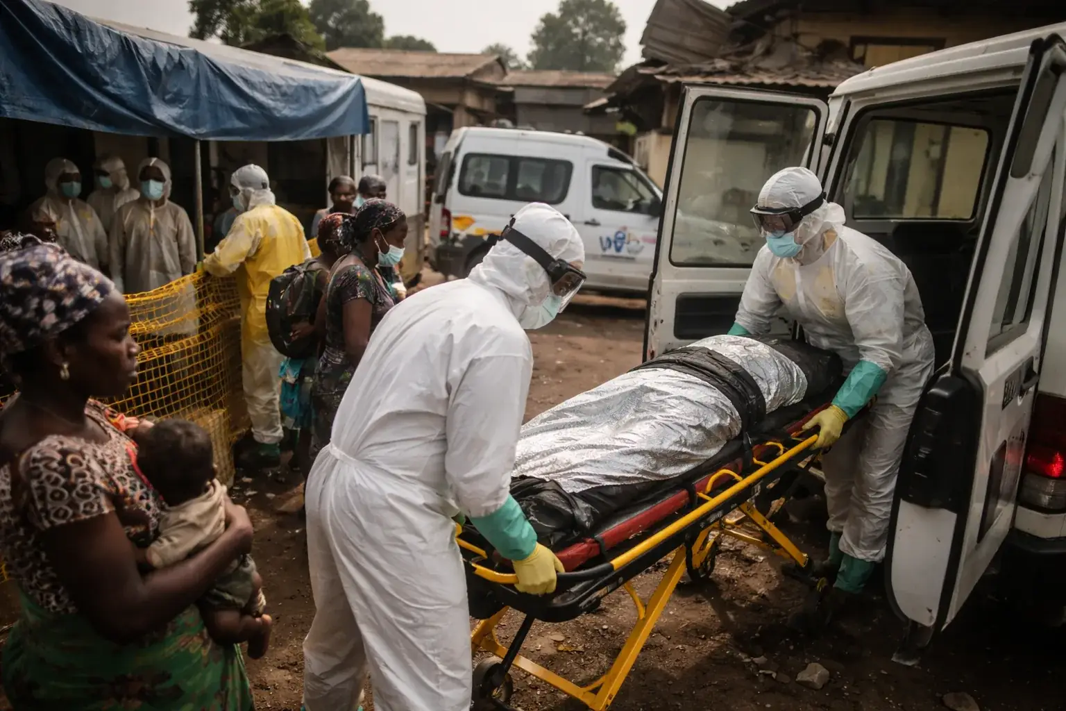 Healthcare workers in protective equipment at an Ebola treatment center in the Democratic Republic of Congo.