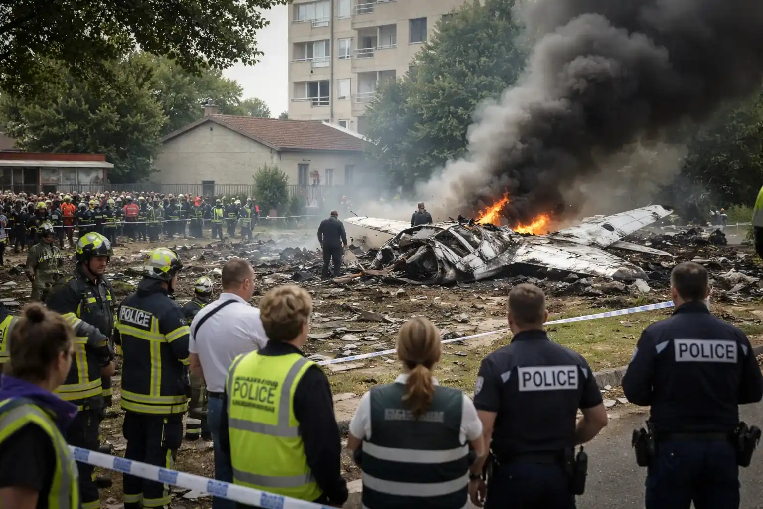 Rescue workers and investigators near the wreckage of a crashed light aircraft in Tomblaine, eastern France.