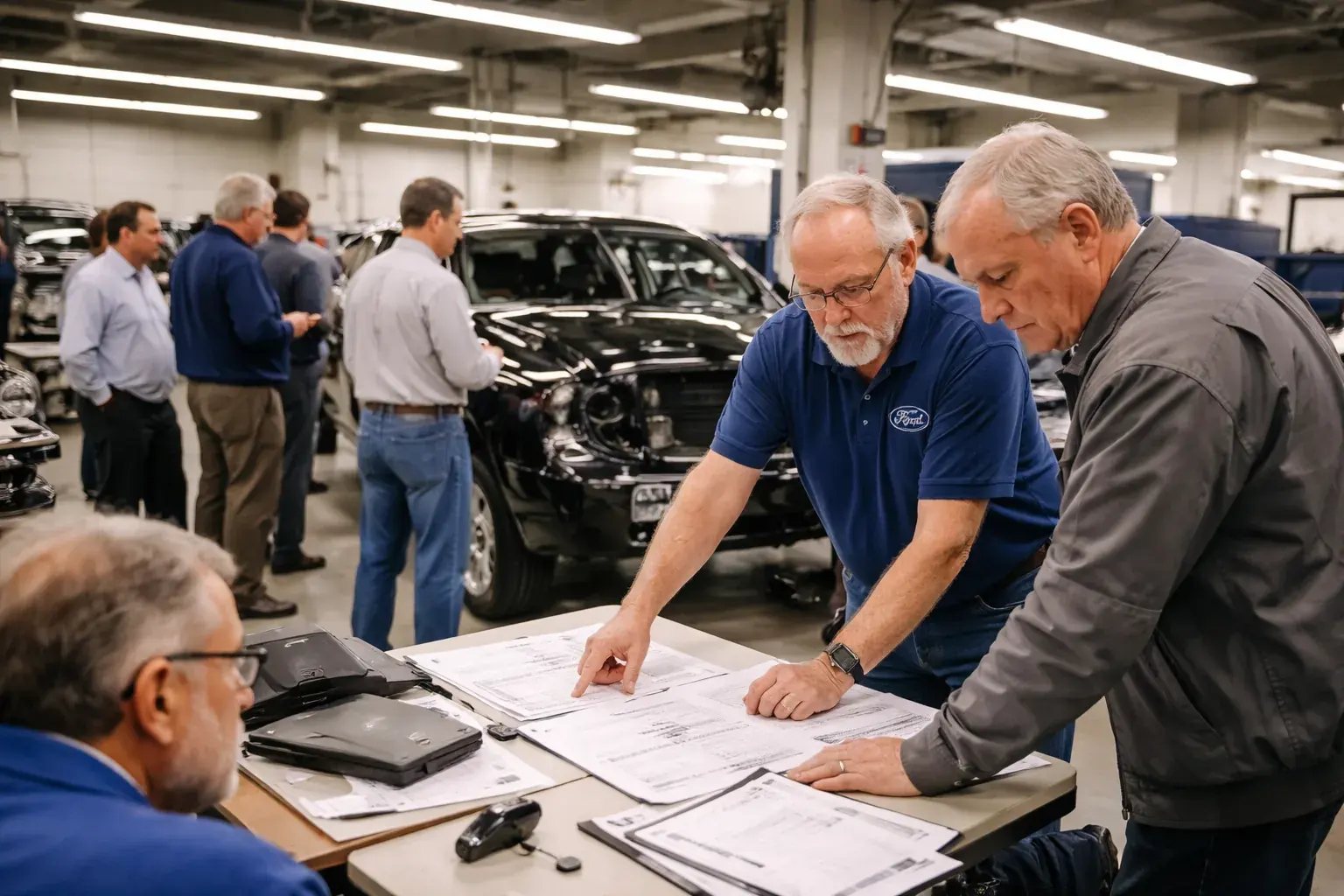 Ford Motor Company logo on a vehicle production line.