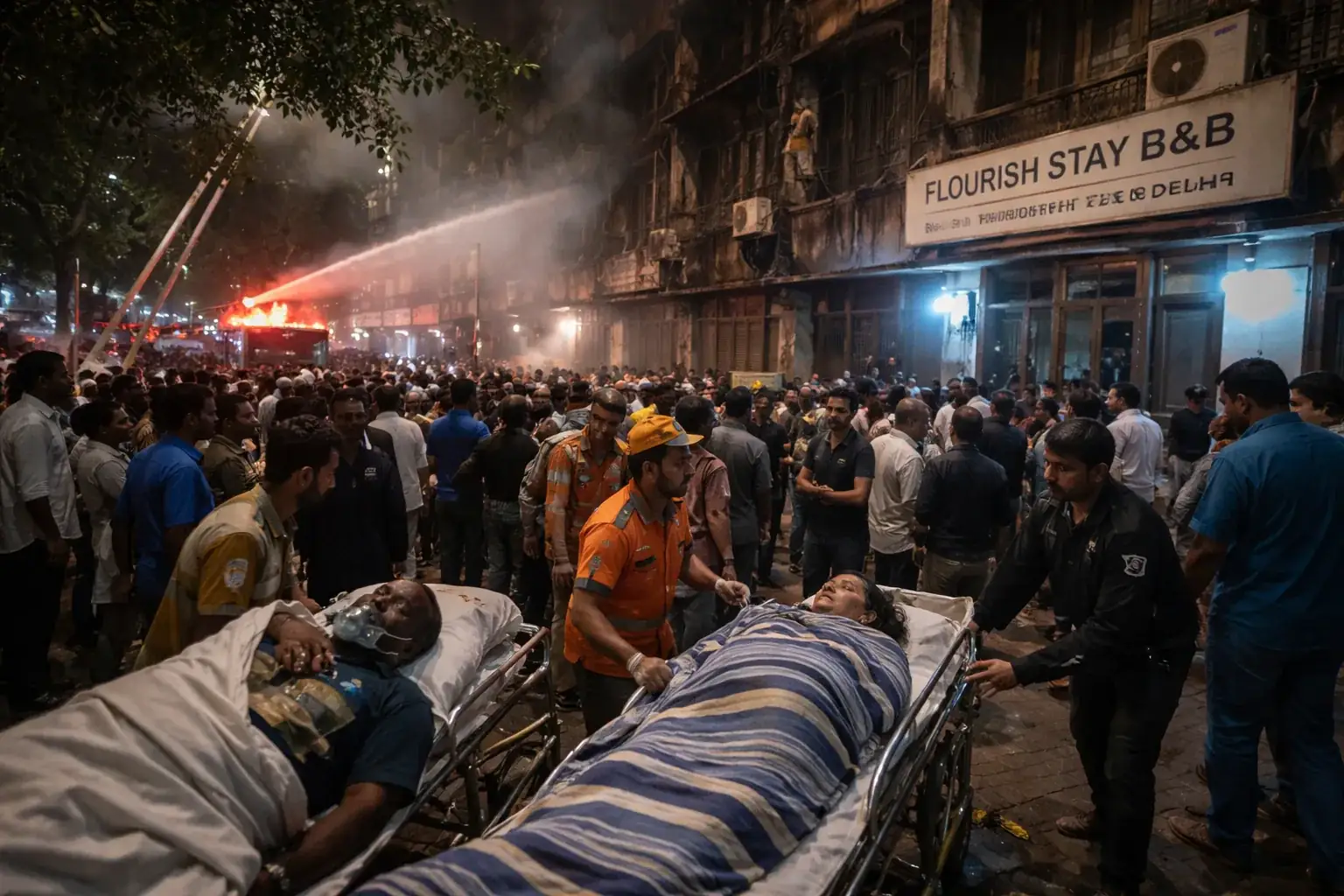 Emergency workers and police at the site of a charred building in Delhi following a fatal fire.