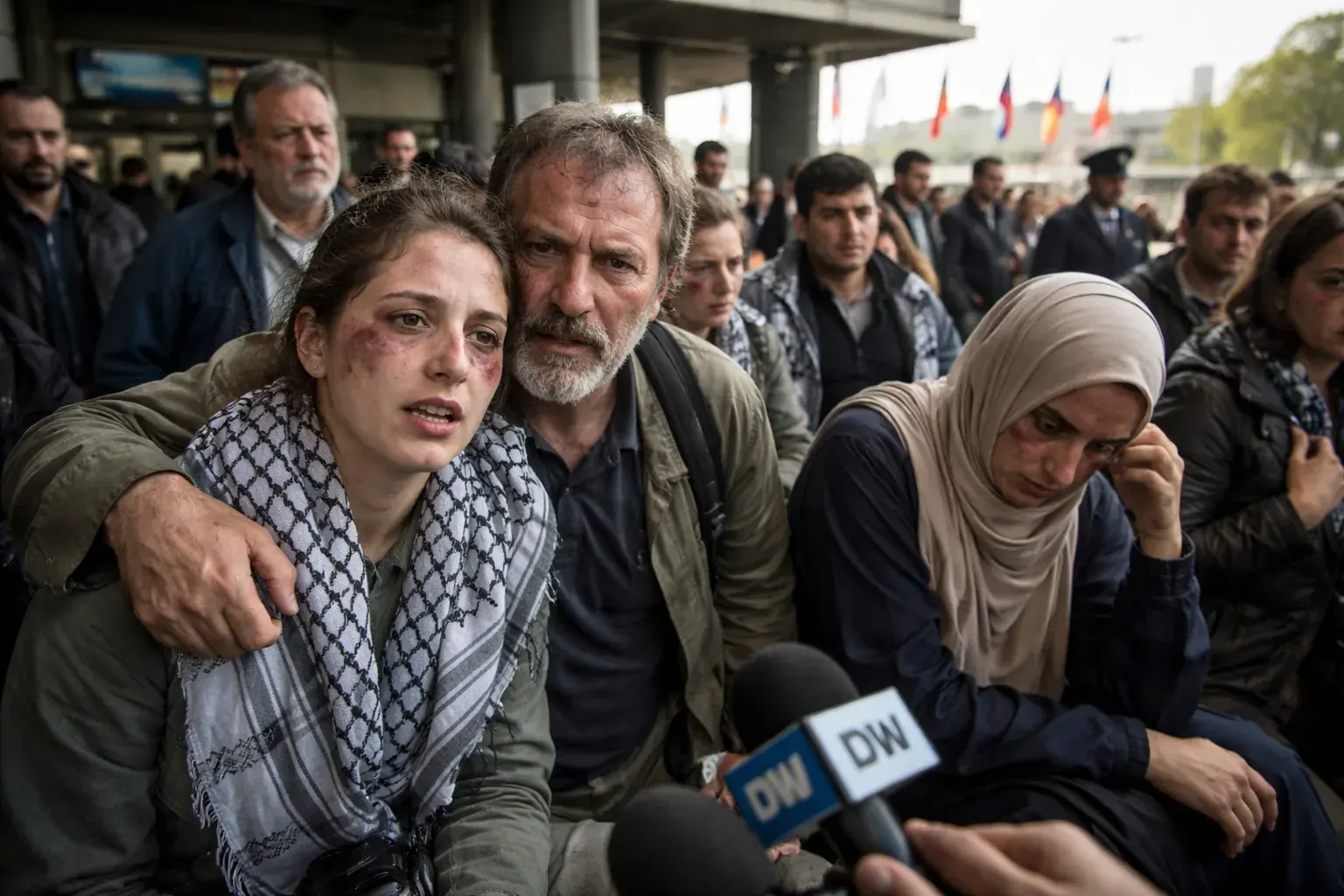 Pro-Palestinian activists arrive at an airport following their deportation from Israel