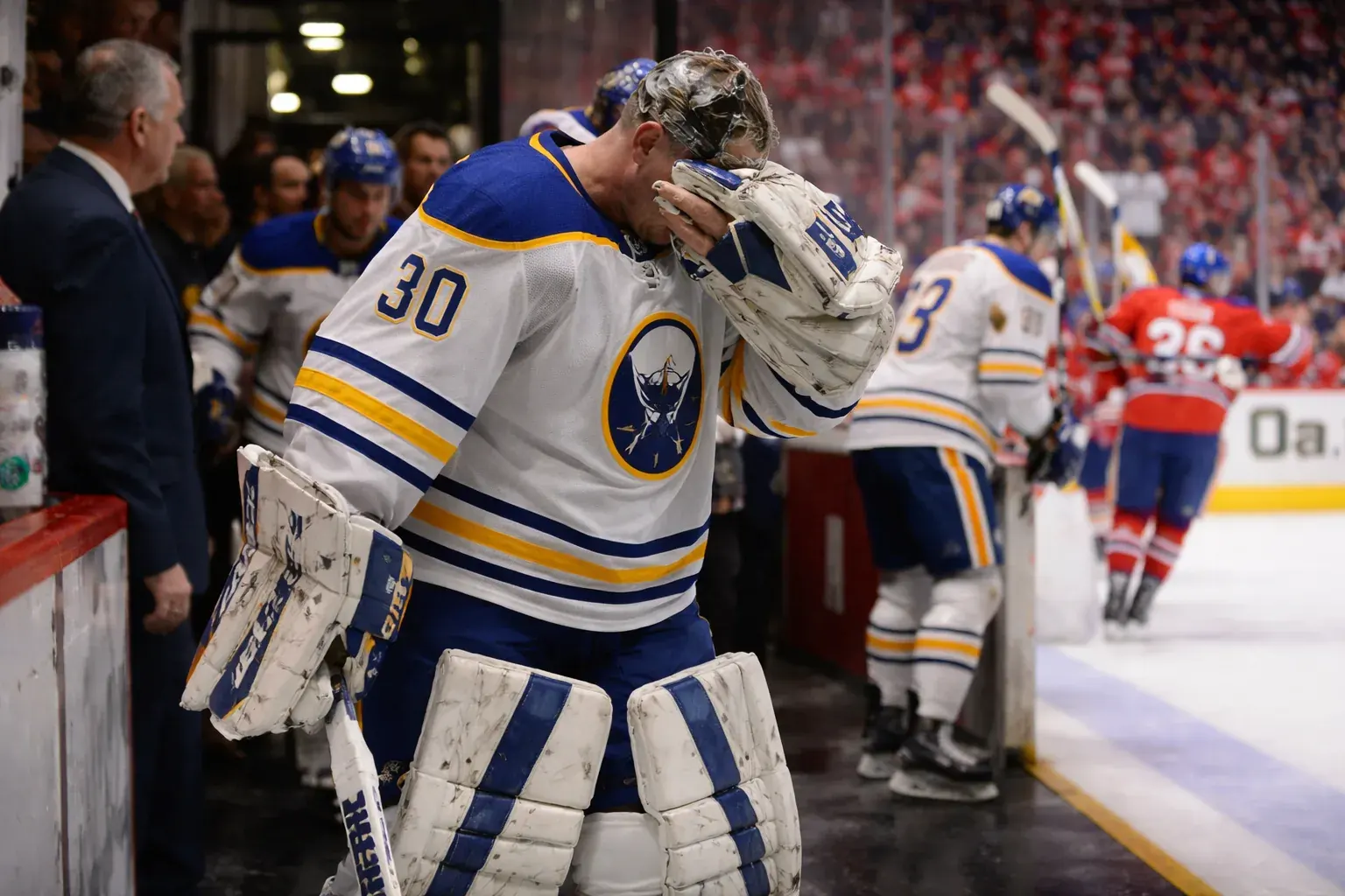 A Buffalo Sabres goaltender during a playoff game against the Montreal Canadiens.