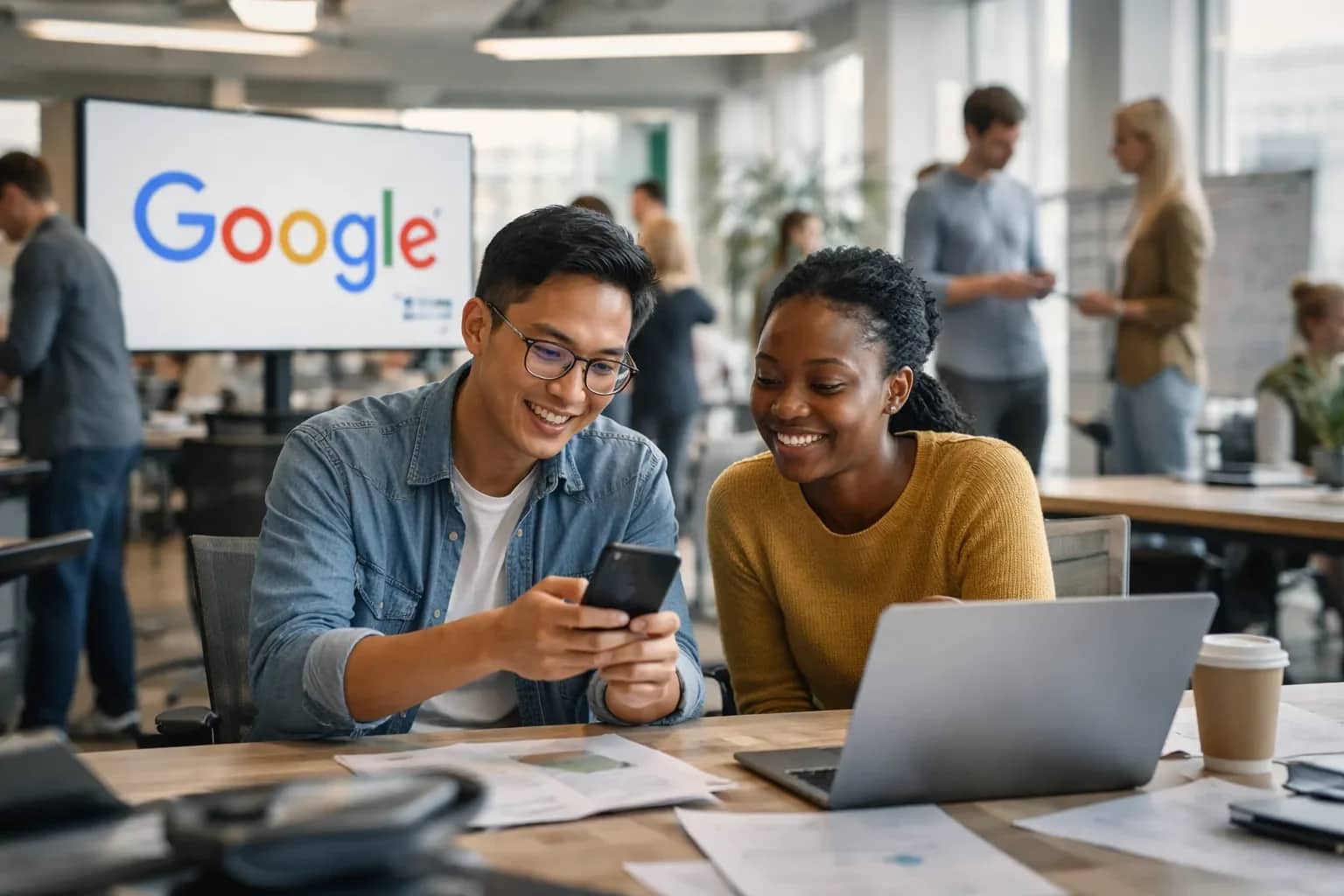 Google logo displayed on a digital screen with AI interface elements