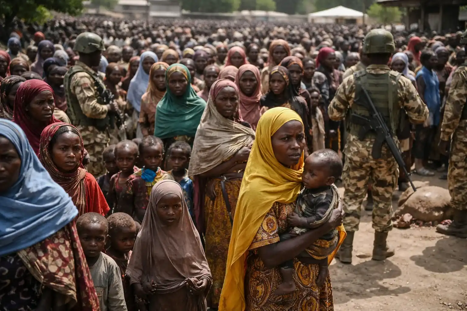 Freed Nigerian captives sitting under trees during medical screenings.