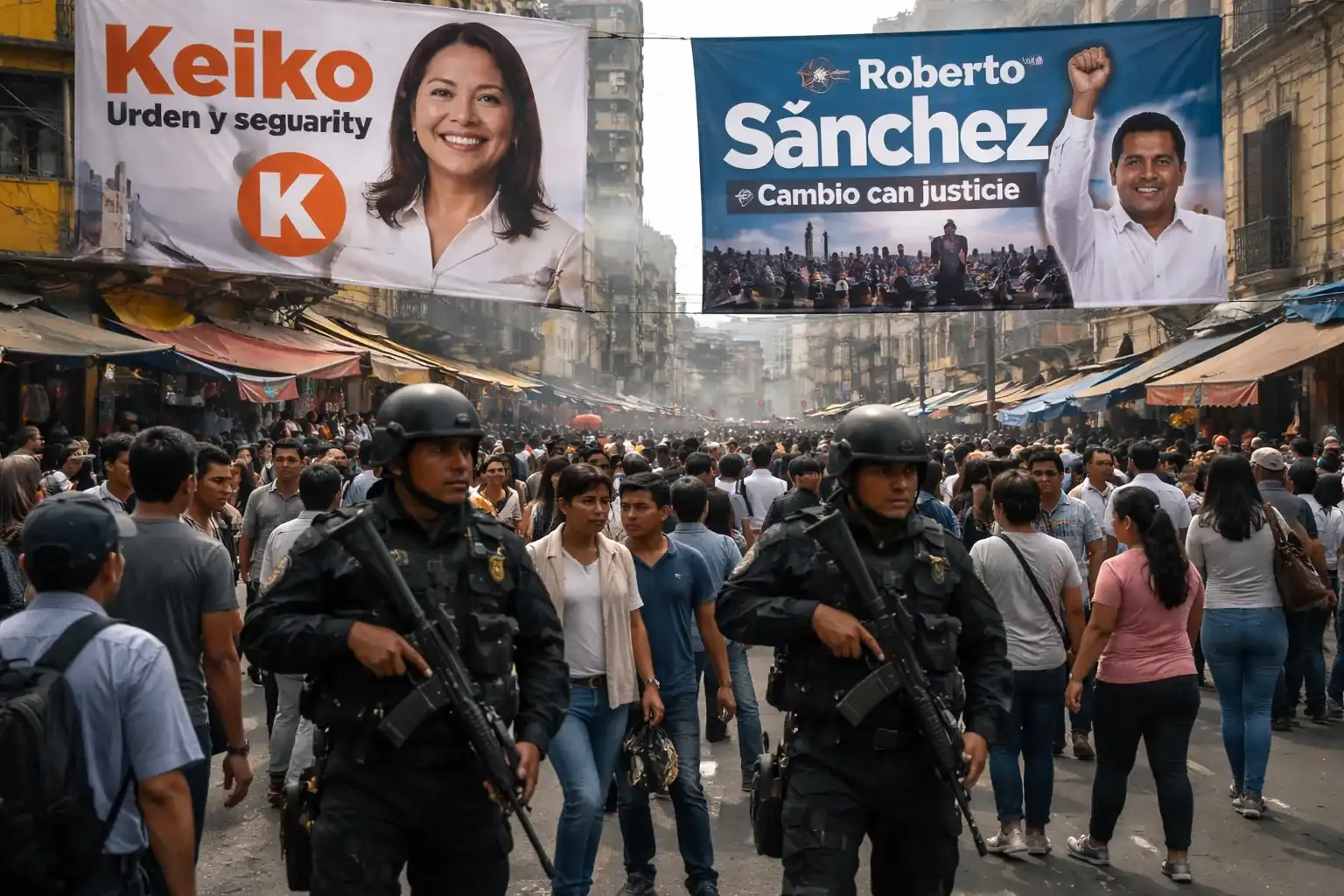 Armed police guarding a bus depot in Lima, Peru during the election campaign period