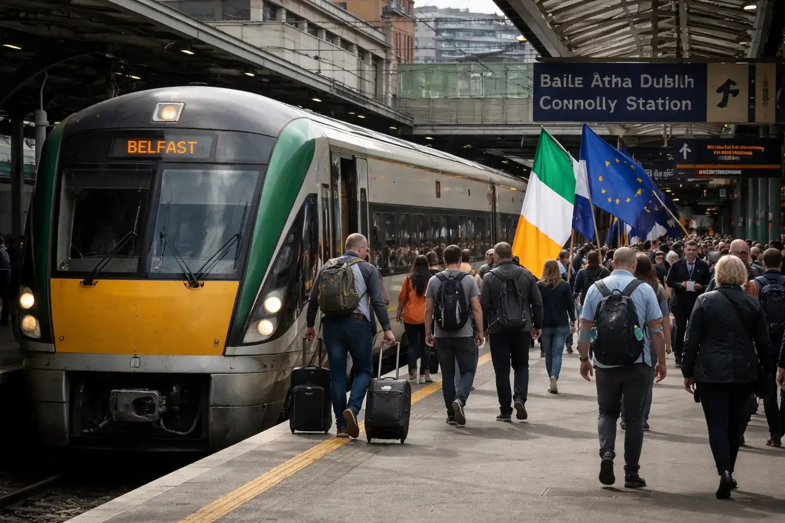 A Translink train at a station, representing the cross-border rail link between Dublin and Belfast.