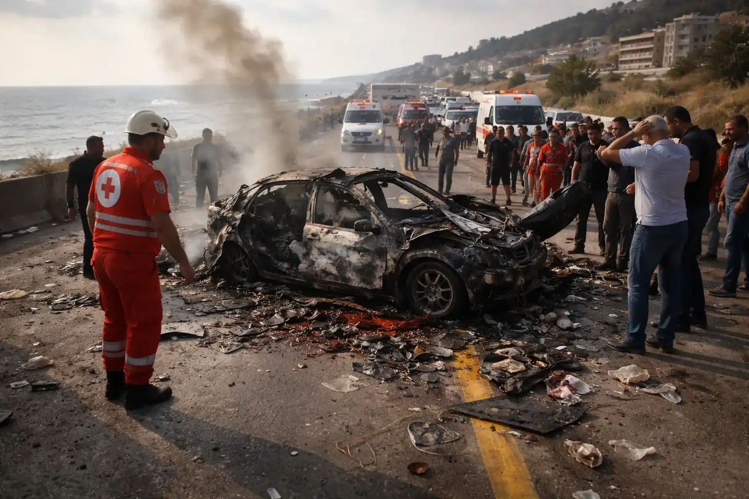 A damaged vehicle on a Lebanese highway following an Israeli drone strike.