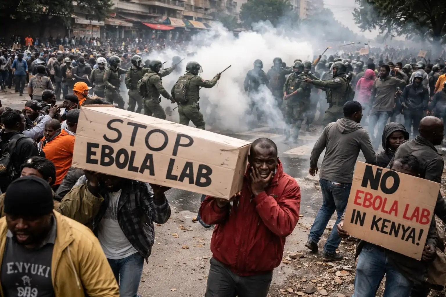 Protesters in Nanyuki, Kenya, holding placards and flags during a demonstration against a planned U.S. Ebola quarantine center.