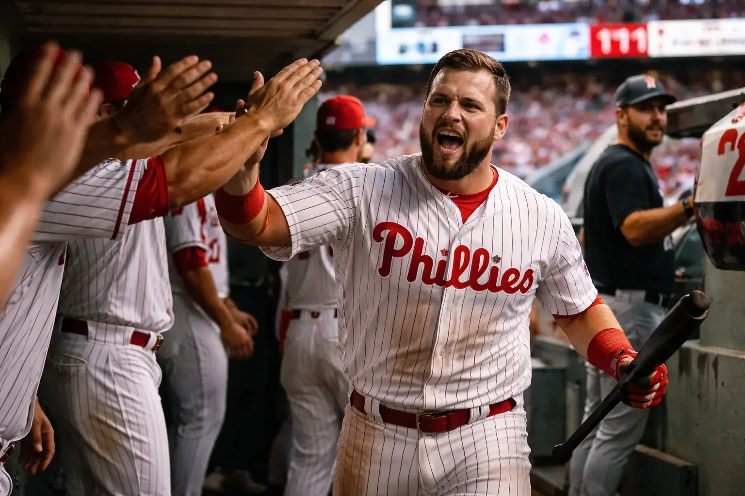 Kyle Schwarber of the Philadelphia Phillies rounding the bases after hitting a home run.