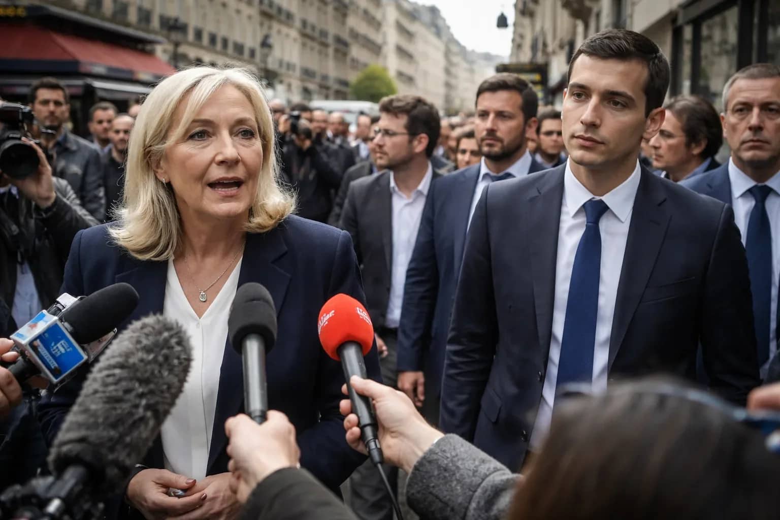Marine Le Pen and Jordan Bardella appearing together at a campaign event in La Fleche.
