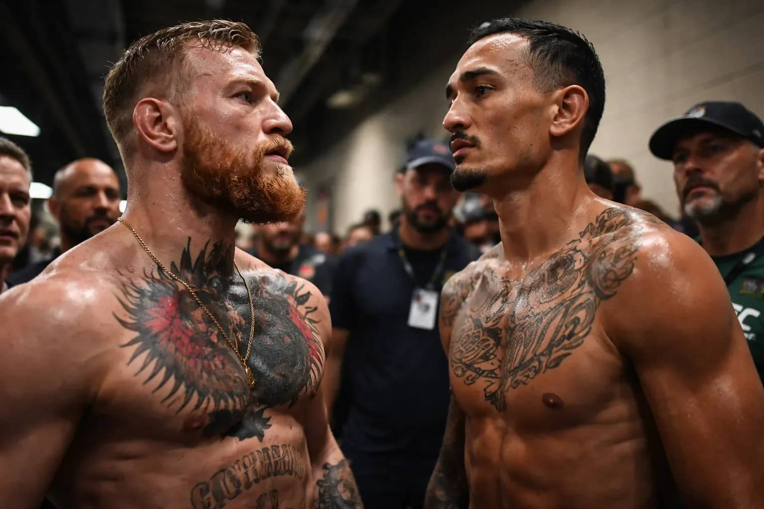 Conor McGregor and Max Holloway during a promotional appearance.