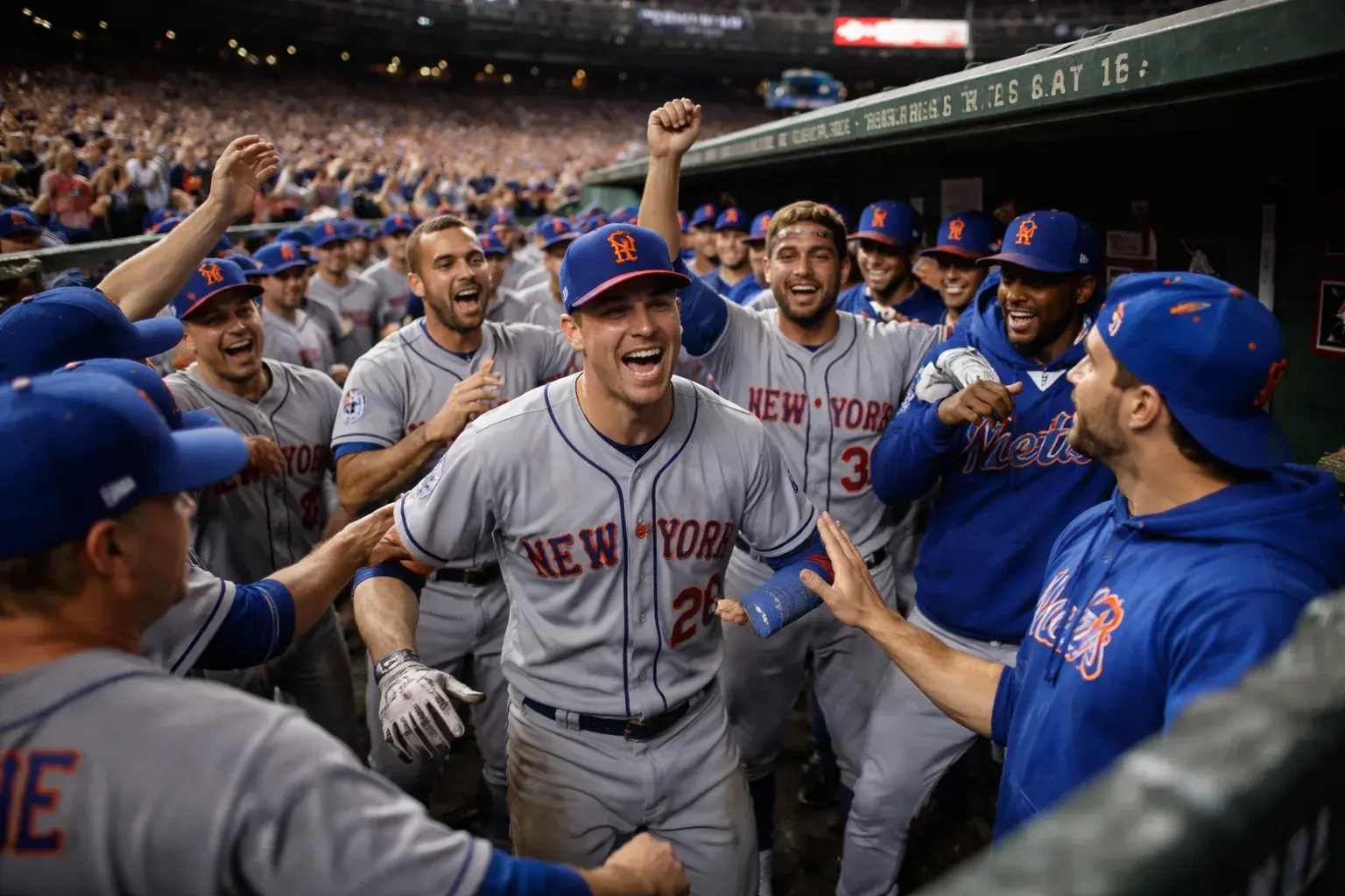 Players from the New York Mets celebrate in the dugout during their historic 10-run 12th inning against the Washington Nationals.