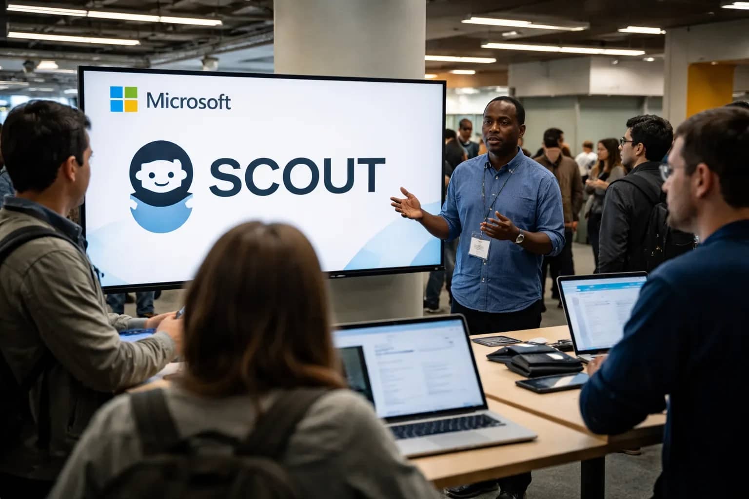 Microsoft logo and AI assistant conceptual visualization representing the Scout agent.