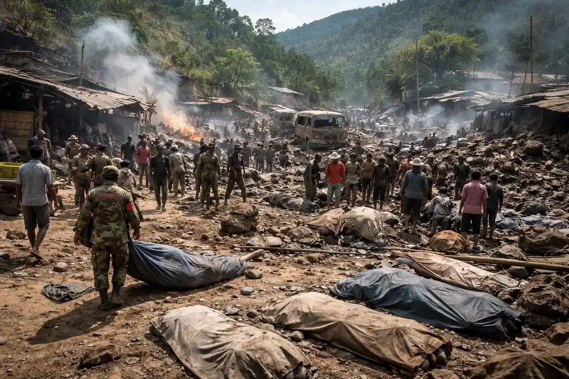 A large crater and destroyed buildings in Kaung Tat village following a massive explosion.