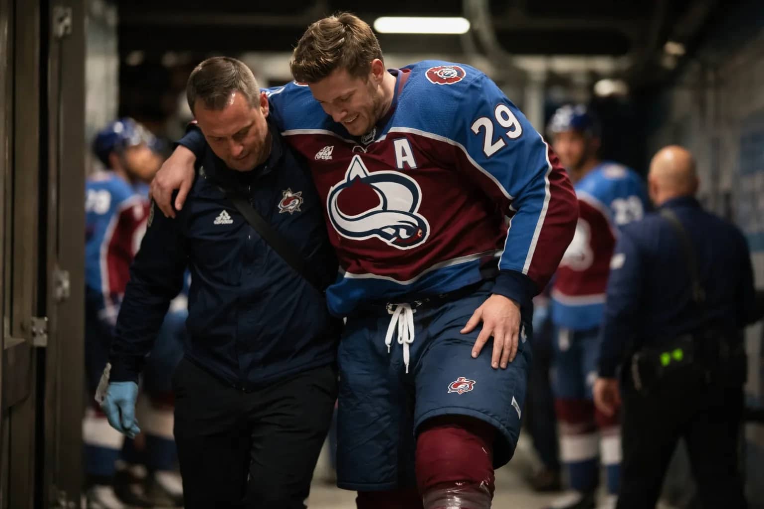 Nathan MacKinnon of the Colorado Avalanche looks on during a postseason game.