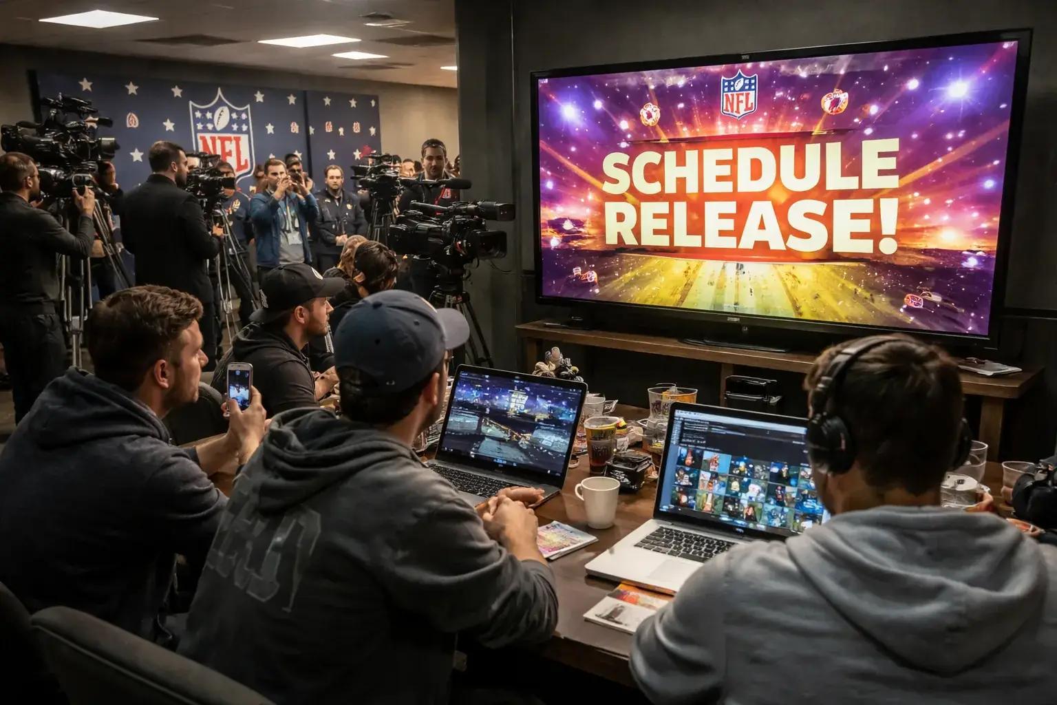 An NFL football sits on a field representing the upcoming schedule release event.