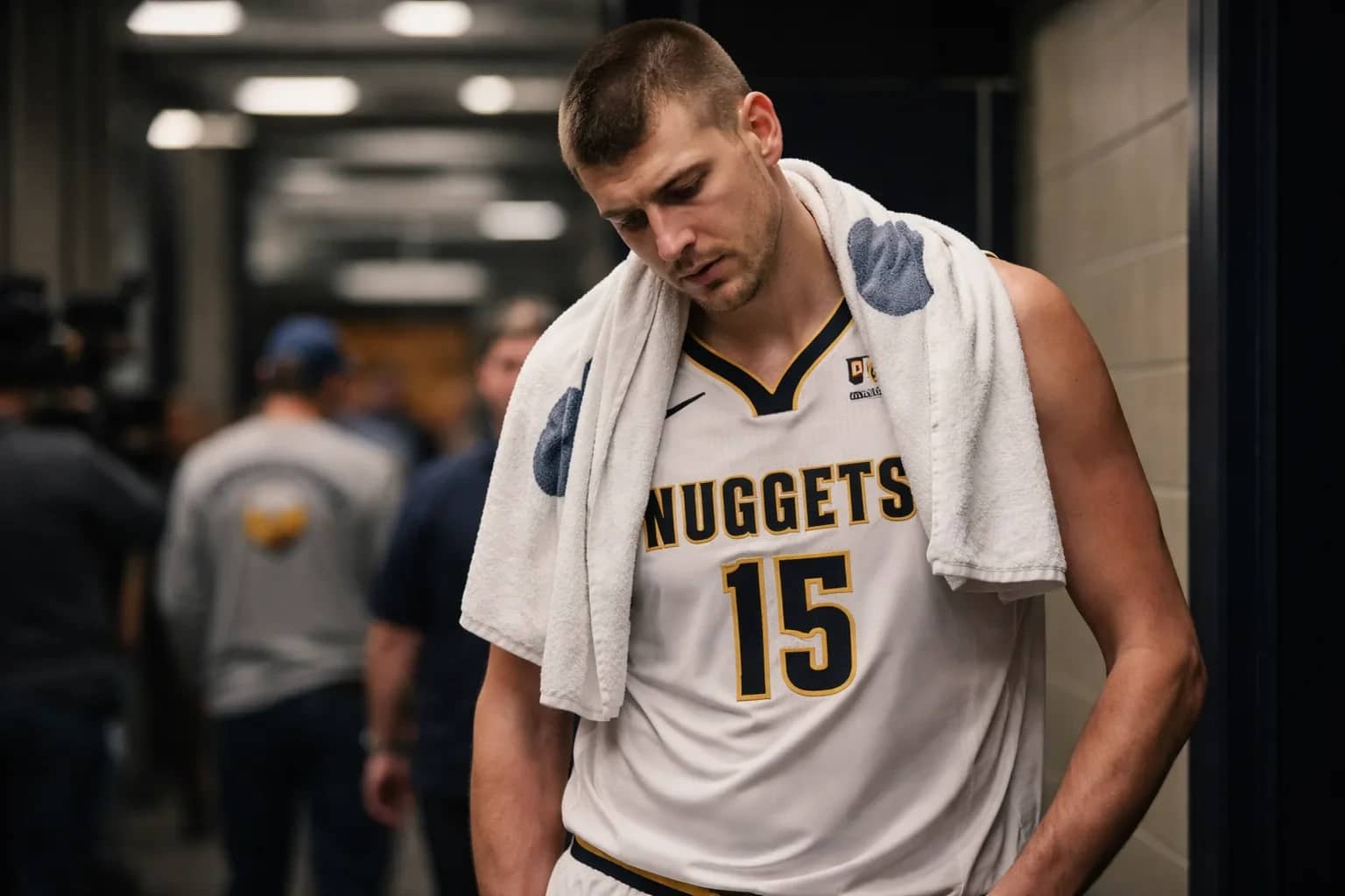 Nikola Jokic during a post-game press conference following a Denver Nuggets loss.