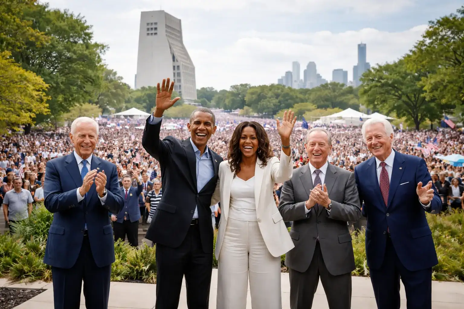 Former U.S. presidents and first ladies posing at the Obama Presidential Center dedication ceremony.
