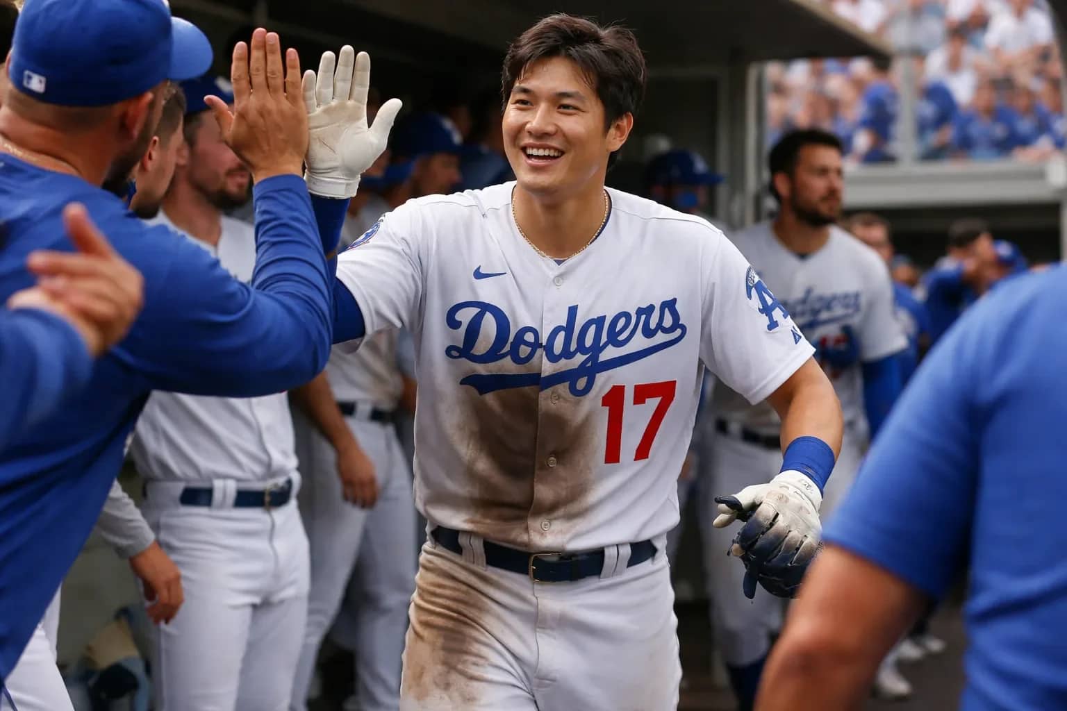 Shohei Ohtani of the Los Angeles Dodgers at bat during a game.