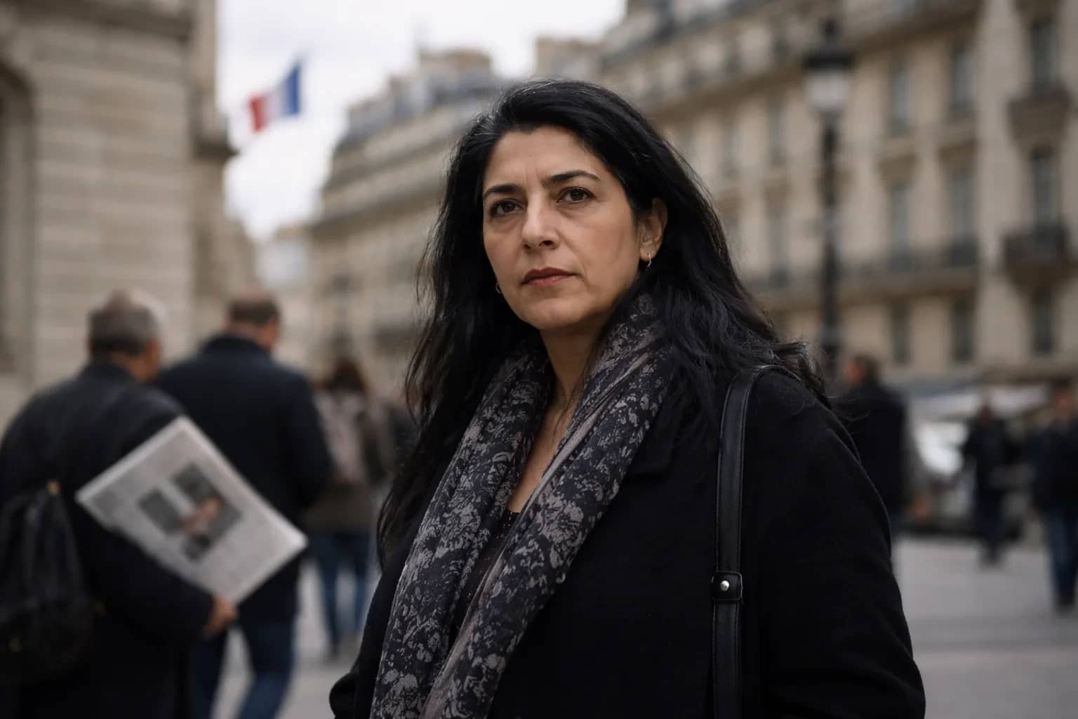 Marjane Satrapi at a public event supporting Iranian women's rights.