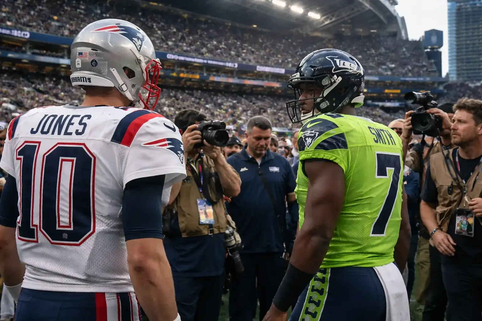 General view of an NFL football and helmet on a stadium field.
