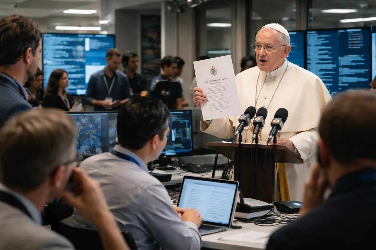 Pope Leo XIV presenting the Magnifica Humanitas encyclical alongside tech industry representatives.