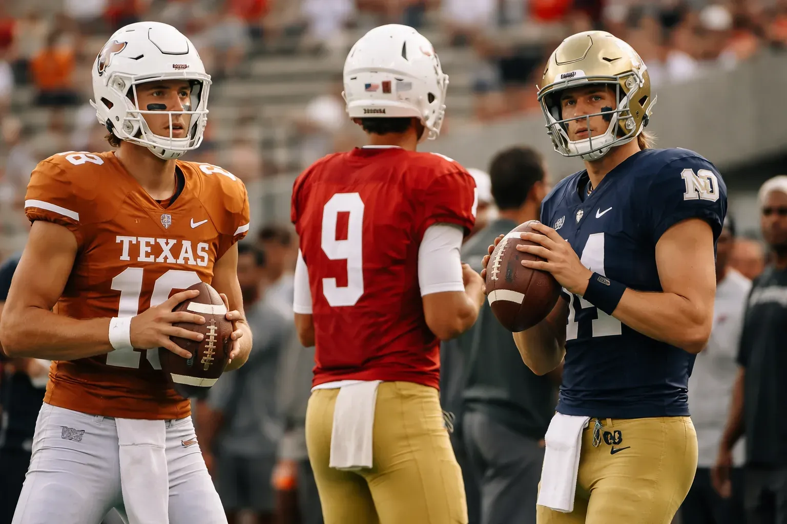 A college football quarterback prepares to take a snap during a game.