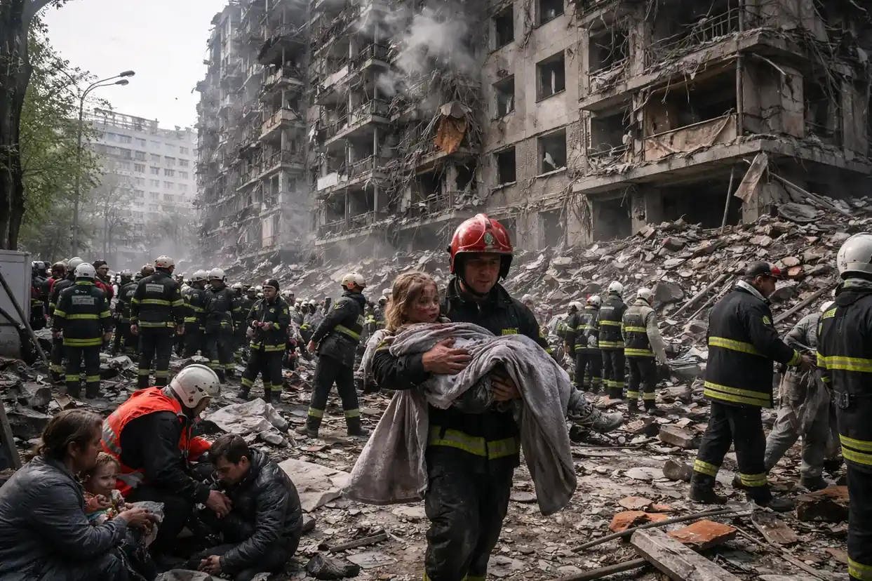 Emergency services and firefighters battle flames in central Kyiv after a large-scale Russian missile and drone strike kills at least 13 people.