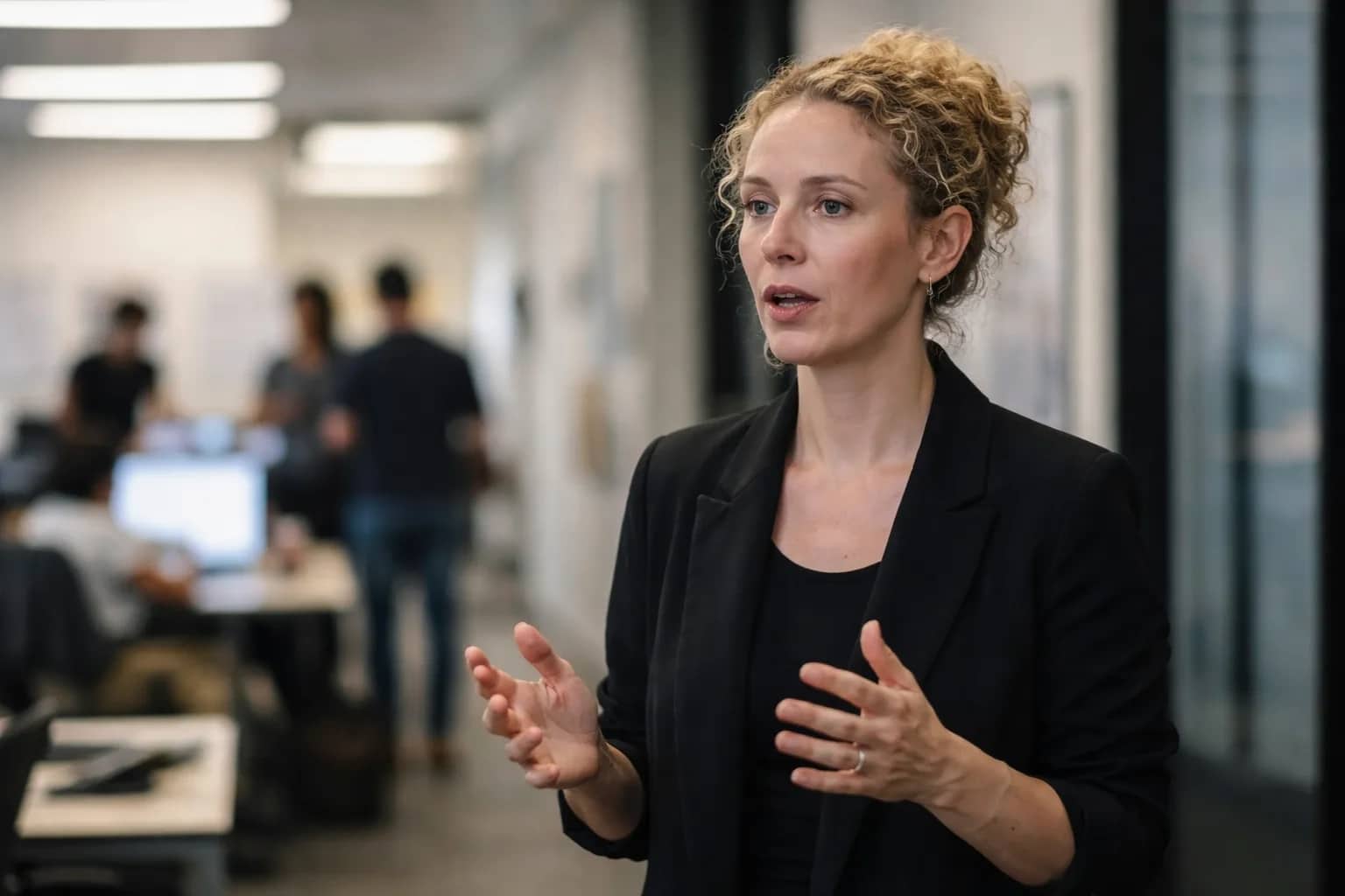 Portrait of Signal President Meredith Whittaker discussing AI privacy concerns.