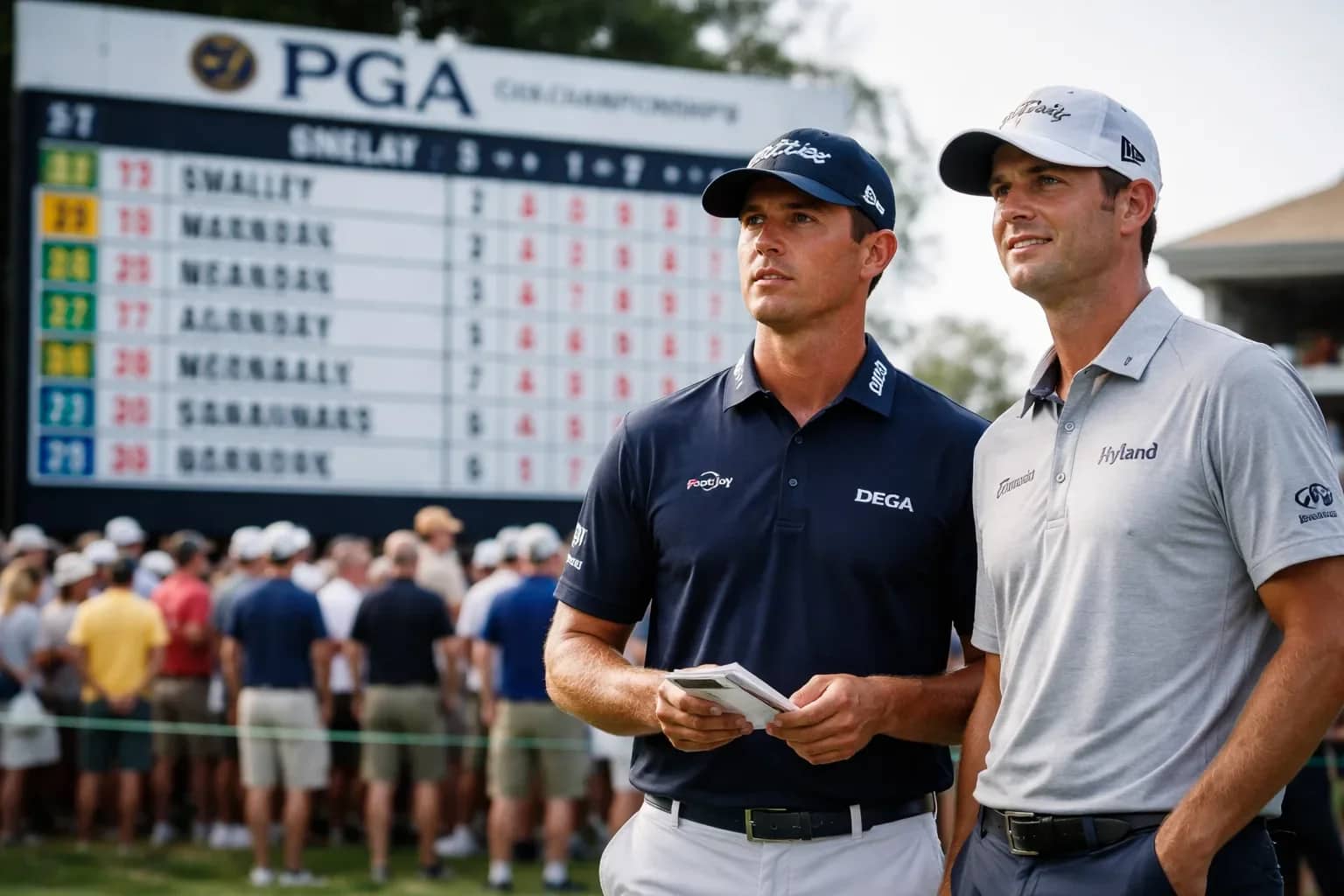 A view of a PGA leaderboard showing Alex Smalley and Maverick McNealy at the top.