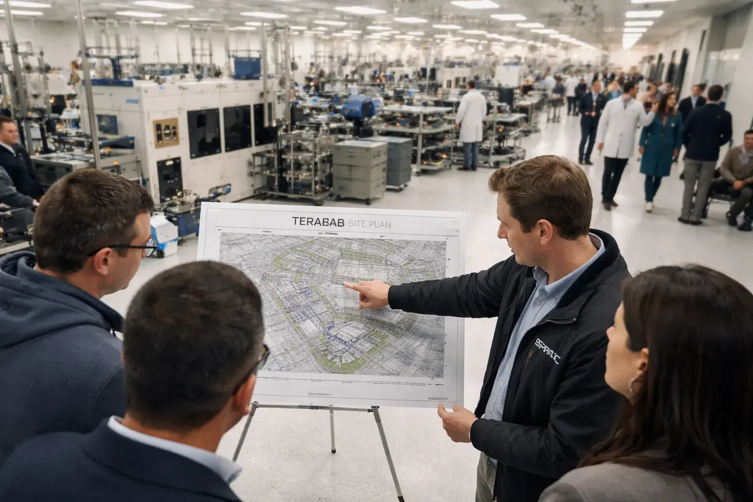 A rendering of a high-tech semiconductor fabrication facility representing the Terafab project.