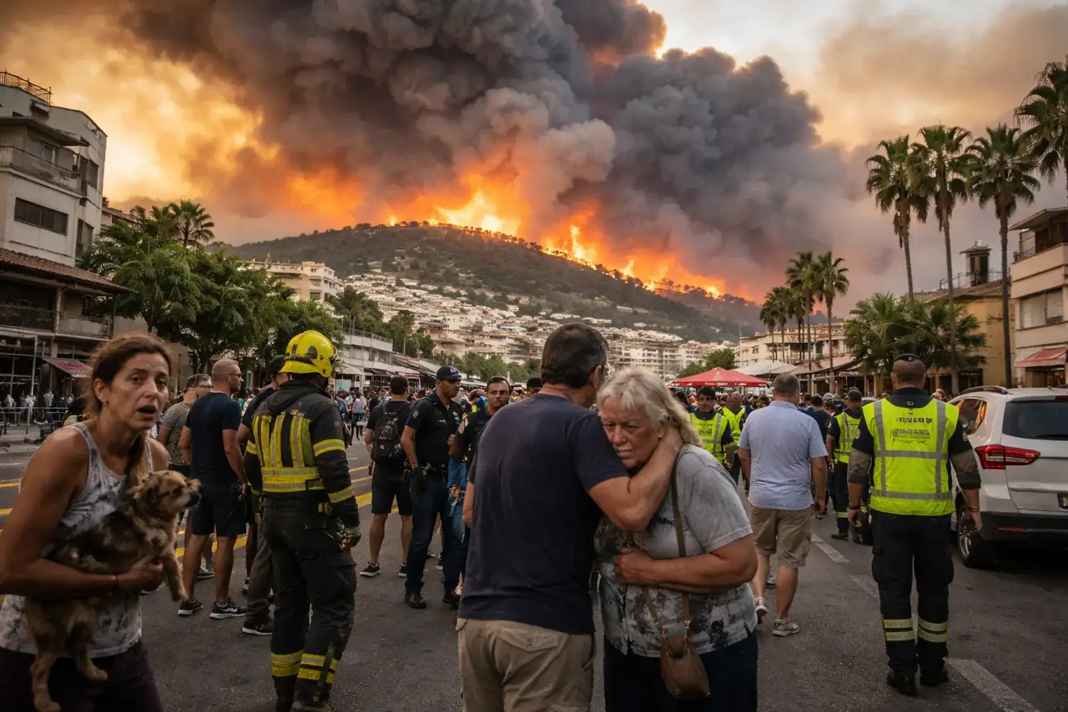 Emergency services and burnt out vehicles near Bedar following the deadly wildfire in Almeria.