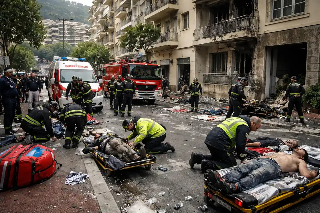 Emergency responders at the scene of an explosion in Monaco near the French border.