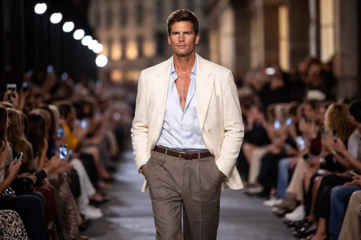 Tom Brady modeling a look on the Gucci Resort 2027 runway in New York City