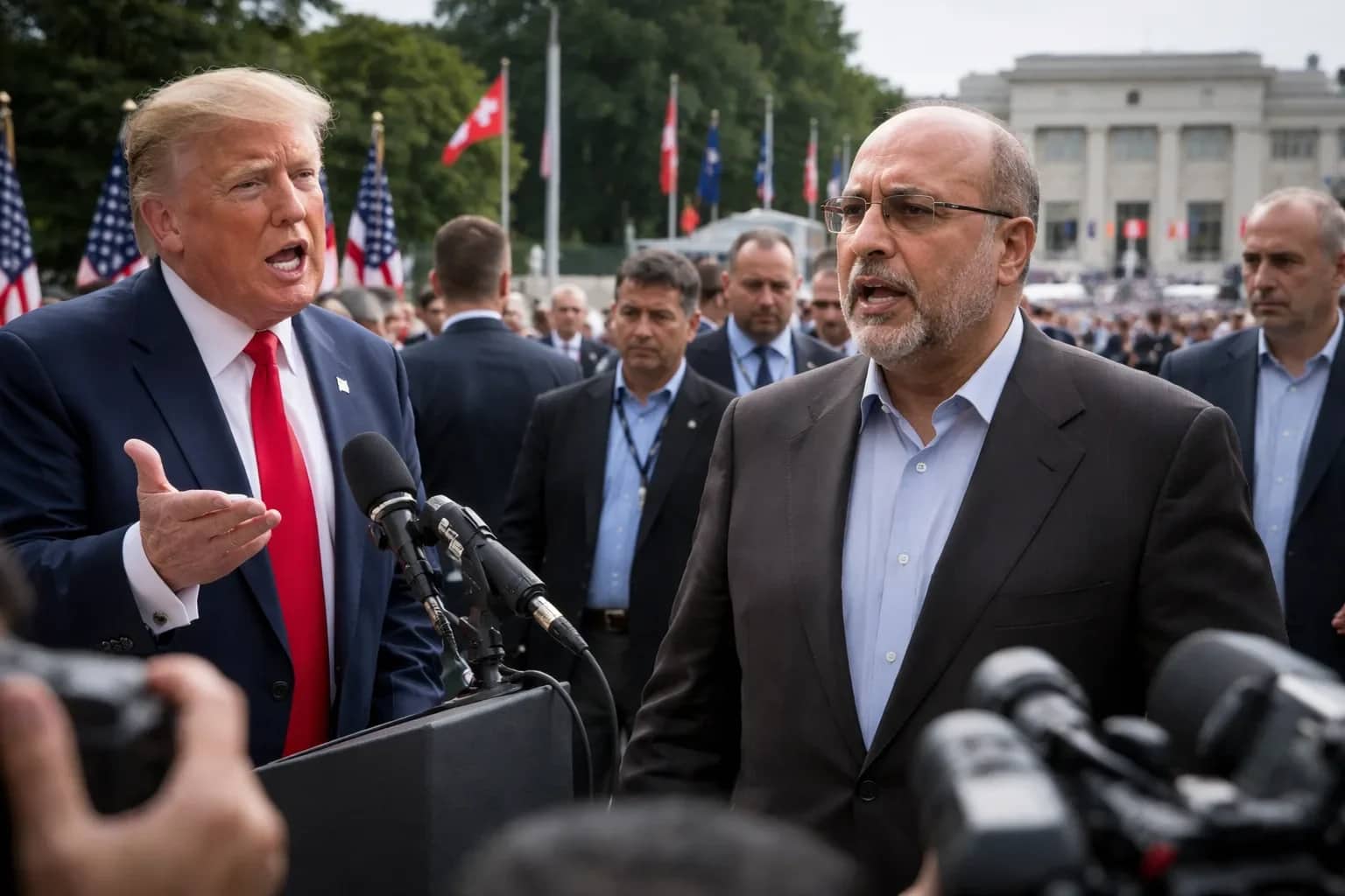 President Donald Trump and Iranian negotiator Mohammad Bagher Ghalibaf trading warnings over regional proxies.