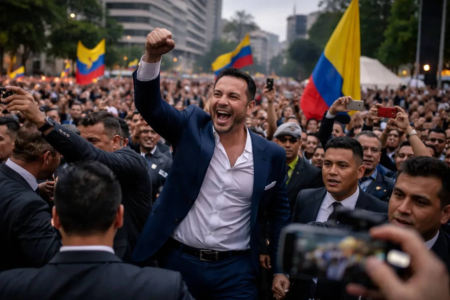 Abelardo de la Espriella, known as El Tigre, celebrates with supporters in Barranquilla after initial election results.
