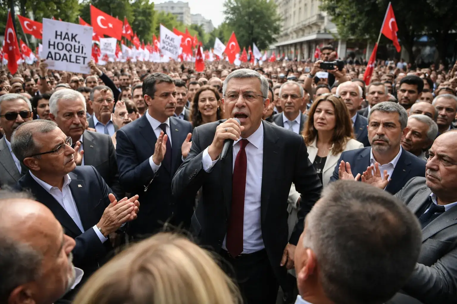Demonstrators gathering outside the CHP headquarters in Ankara following a court ruling against the party leadership.