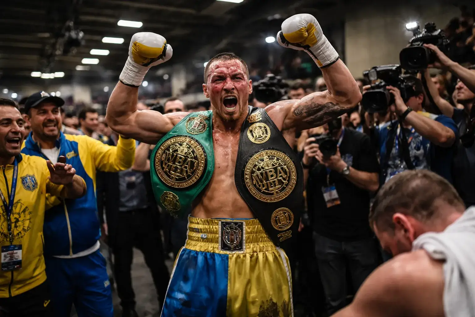 Oleksandr Usyk in a boxing ring during a professional heavyweight match.