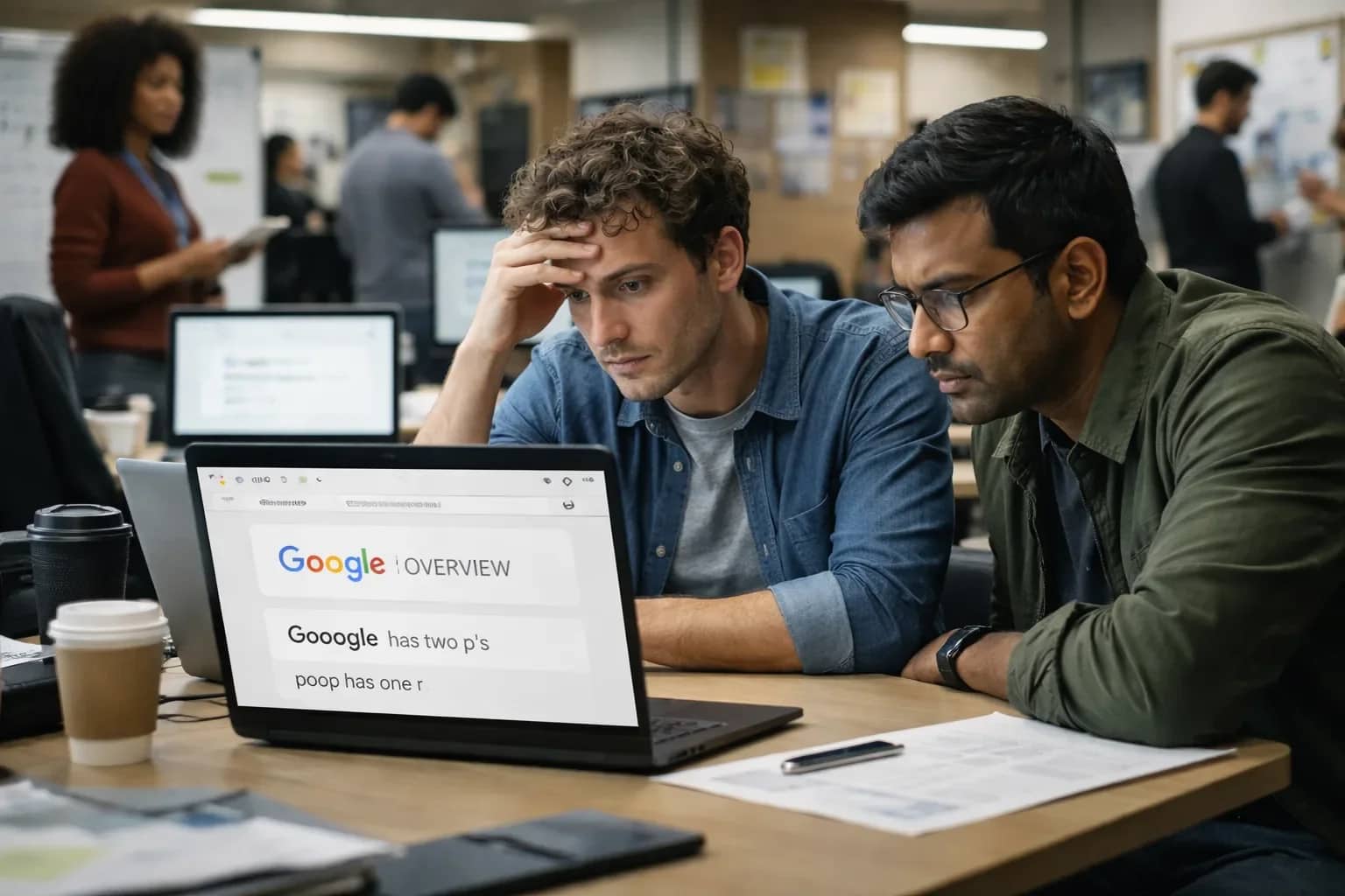 A graphic illustration representing Google's AI interface with spelling errors.
