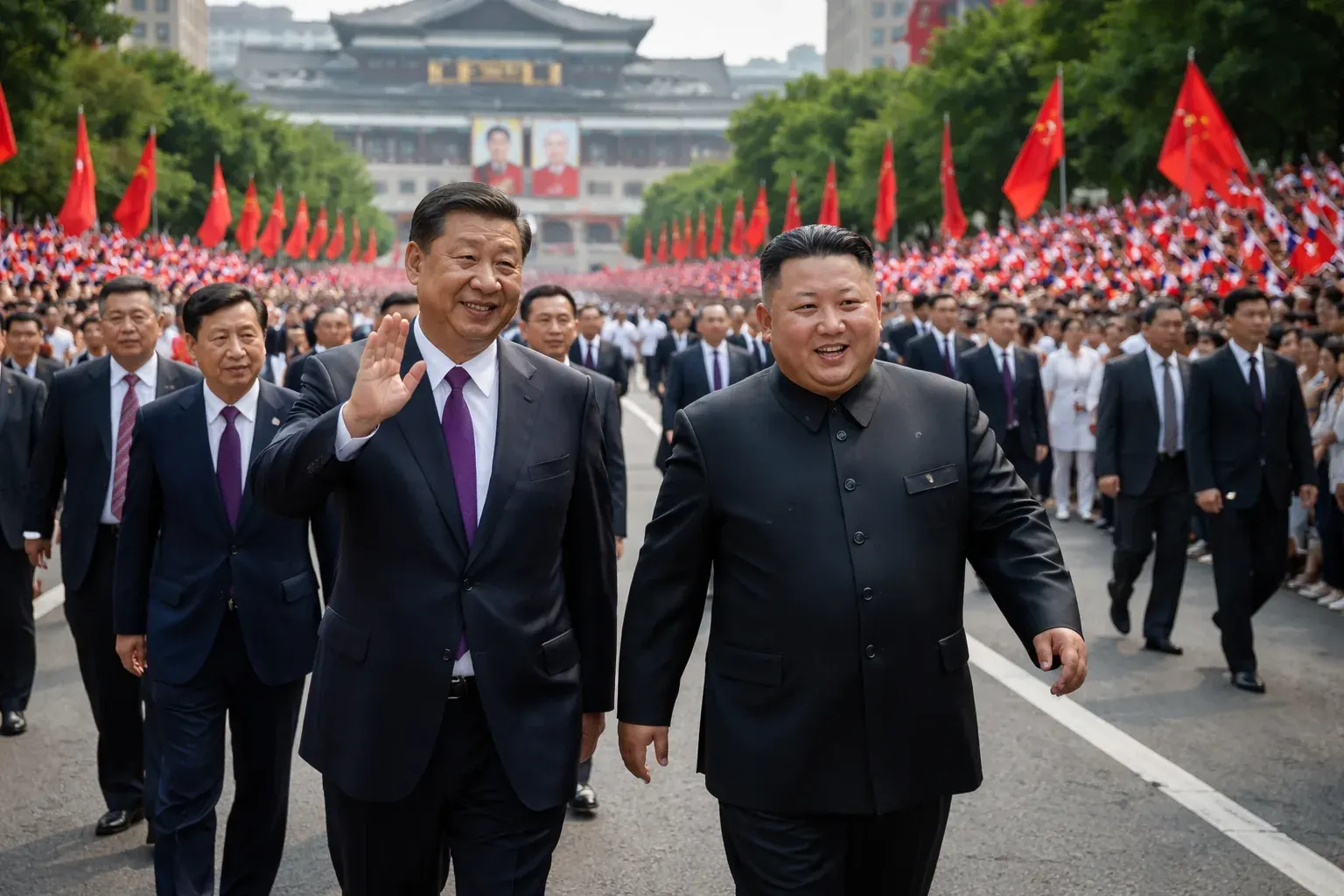 Chinese President Xi Jinping and North Korean leader Kim Jong Un standing together during a state visit in Pyongyang.