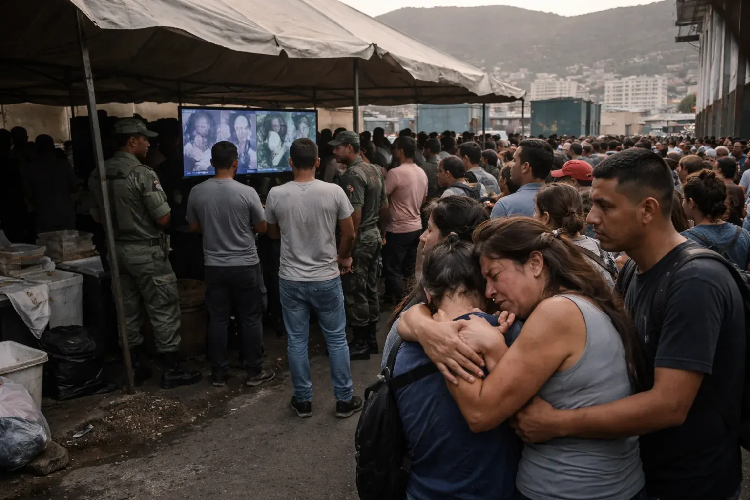 A makeshift morgue in a port storage facility in La Guaira where families wait to identify victims of the Venezuela earthquake.
