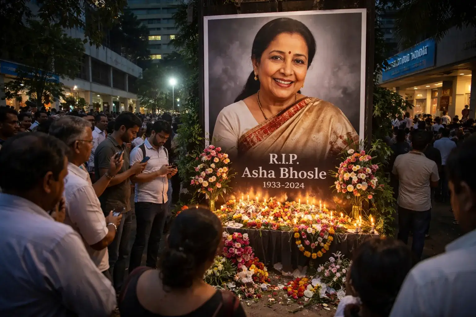 Asha Bhosle performing live on stage during a concert.