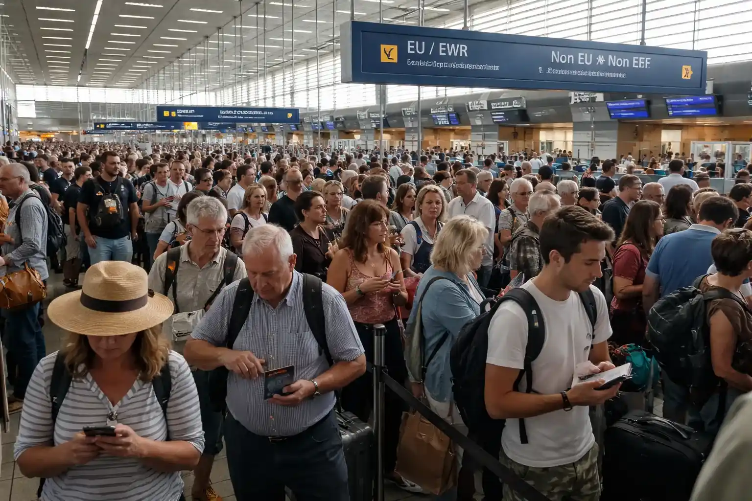Crowded airport terminal with passengers waiting in long queues at border control kiosks.