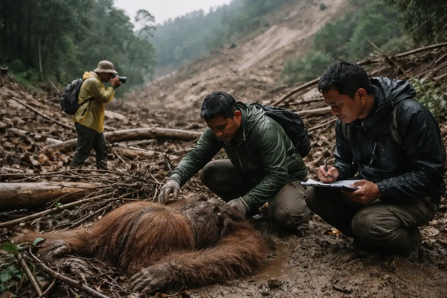 A Tapanuli orangutan, the world's most endangered great ape species, in the forest of Sumatra.