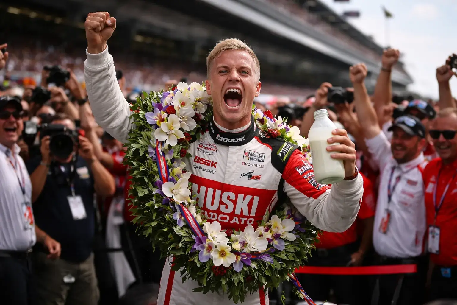 Felix Rosenqvist celebrating his record-breaking victory at the Indianapolis 500.