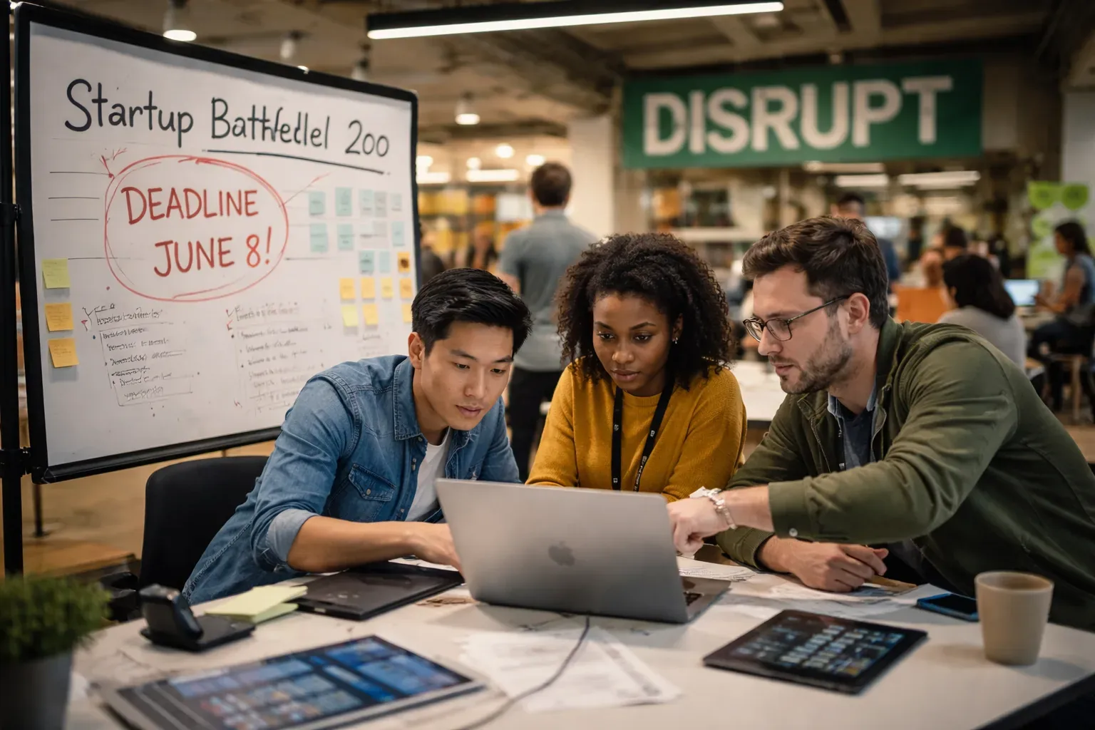 A wide shot of the Disrupt Stage at TechCrunch Disrupt, where founders pitch to investors.